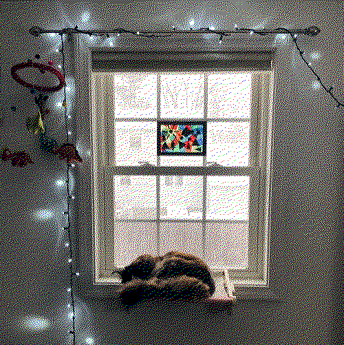 Dithered image of a cat sleeping on a shelf mounted against a window. The window is surrounded by fairy lights, and it is snowing outside.